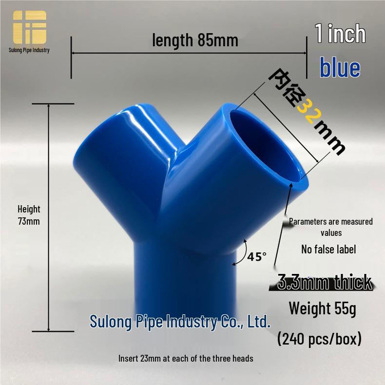 PVC Y-Type Elbow Tee 45° Three-Way Connector for Water Pipes (20-75mm)
