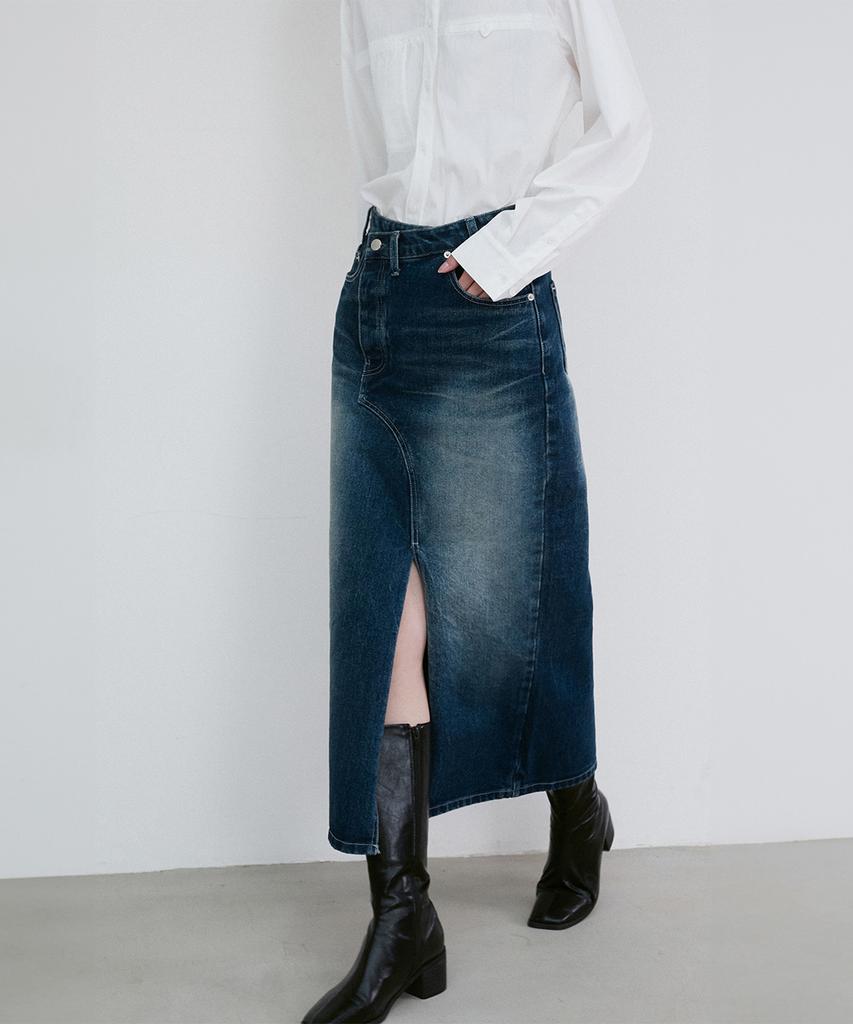 RE RHEE Asymmetric Detail Denim Skirt