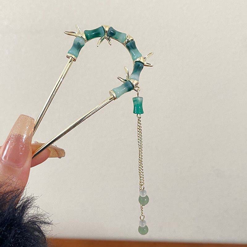 

Новые китайские зеленые бамбуковые палочки для волос с кисточками для женщин, винтажная металлическая U-образная шпилька для волос, палочка для еды, головной убор, аксессуары для волос