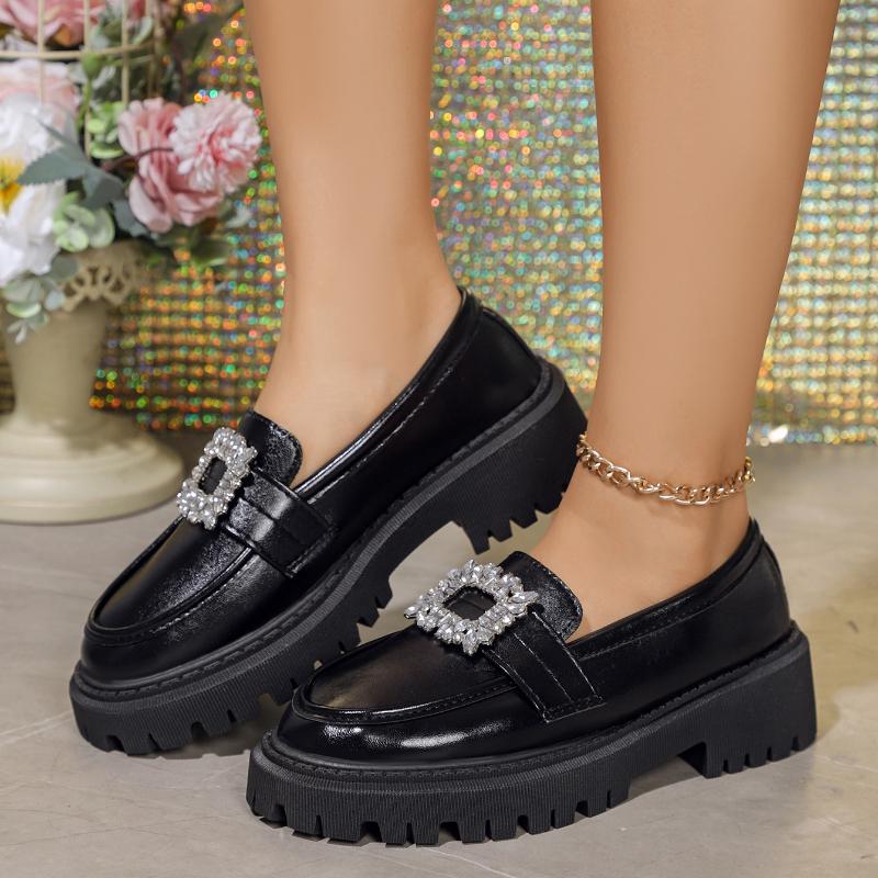 Fashion Brand Rhinestone Buckle Shoes Ladies  New Thicken Soled Flats Japanned Leather Oxfords Women Casual Slip on Loafers Lolita Shoes
