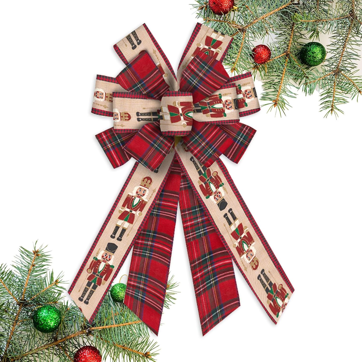 

Large Christmas Bow for Wreath Nutcracker Red Brown Plaid Bow for Front Door Wall Fence Tree Topper Bow for Party Decoration 20.87 x 11.42 in