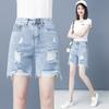 Fashionable Women's High Waisted Wide Leg Jeans Shorts with Holes for Summer