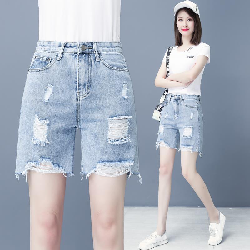 Fashionable Women's High Waisted Wide Leg Jeans Shorts with Holes for Summer