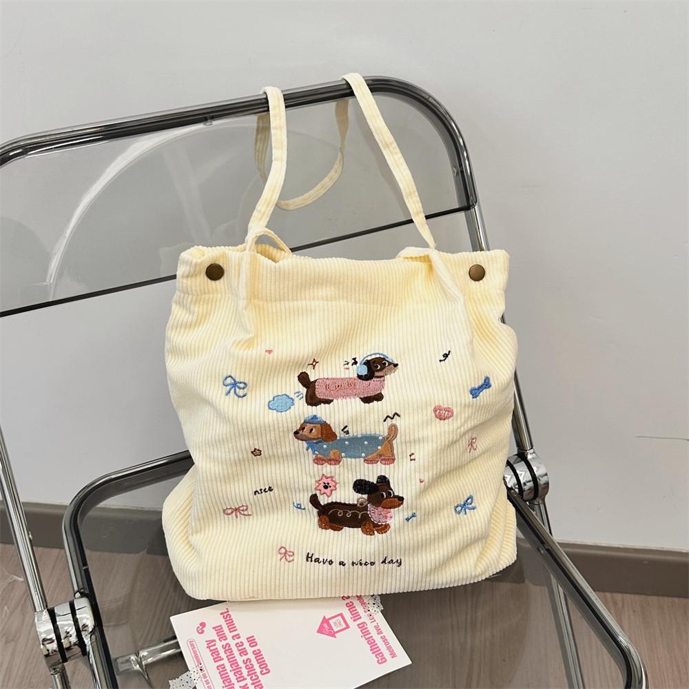Stylish Embroidered Cartoon Dog And Cat Corduroy Shoulder Bag For Everyday Use