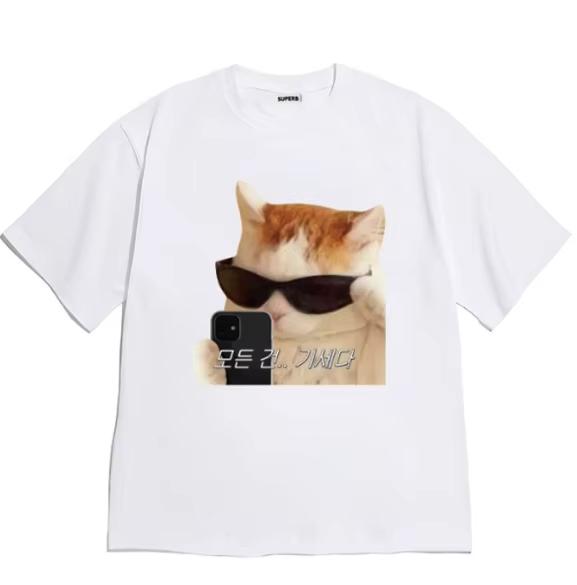 

Neutral Style Cool Cat Selfie Women Unisex T Shirt Korean Text Meme Print Short Sleeve O Neck Soft Washable Tops Funny Streetwear 4XL