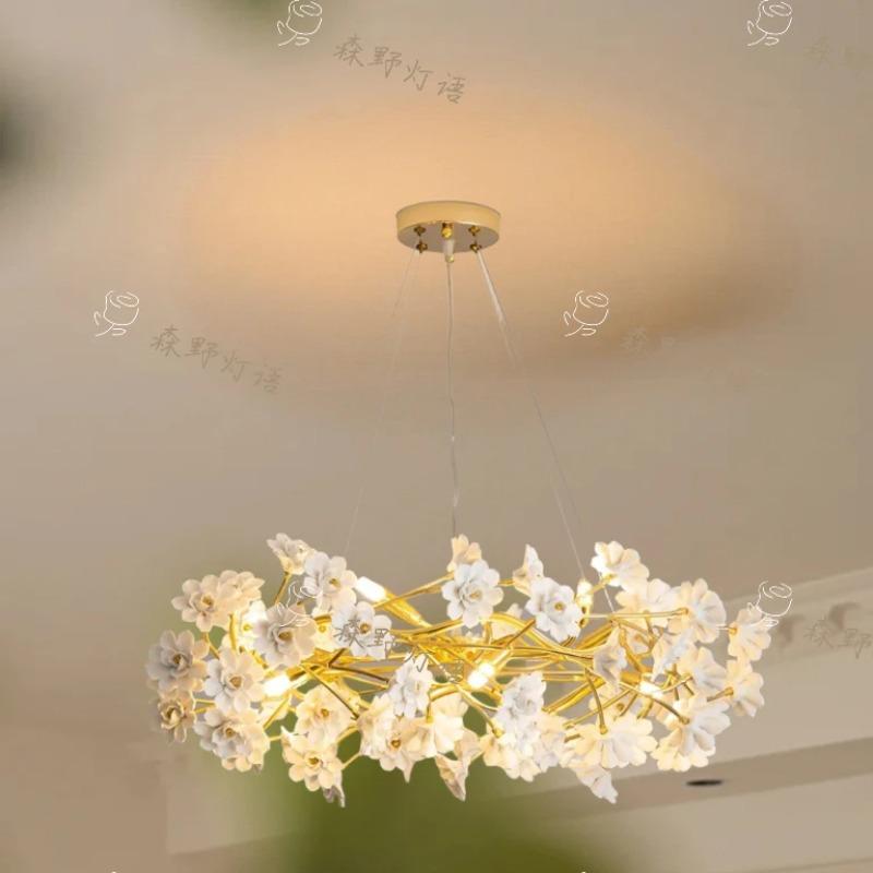 French White Flower Chandelier for Living Room Bloom Ceramics Bedroom Girl's Room Romantic Ceiling Hanging Pendant led lights