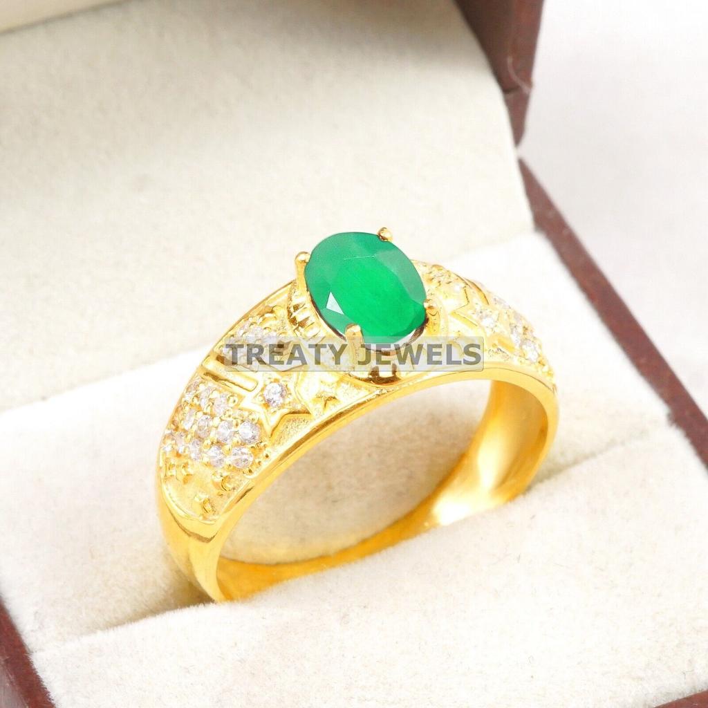 Emerald Oval Cut With 925 Sterling Silver Gold Plated Ring For Men's #B42 JL375671320100