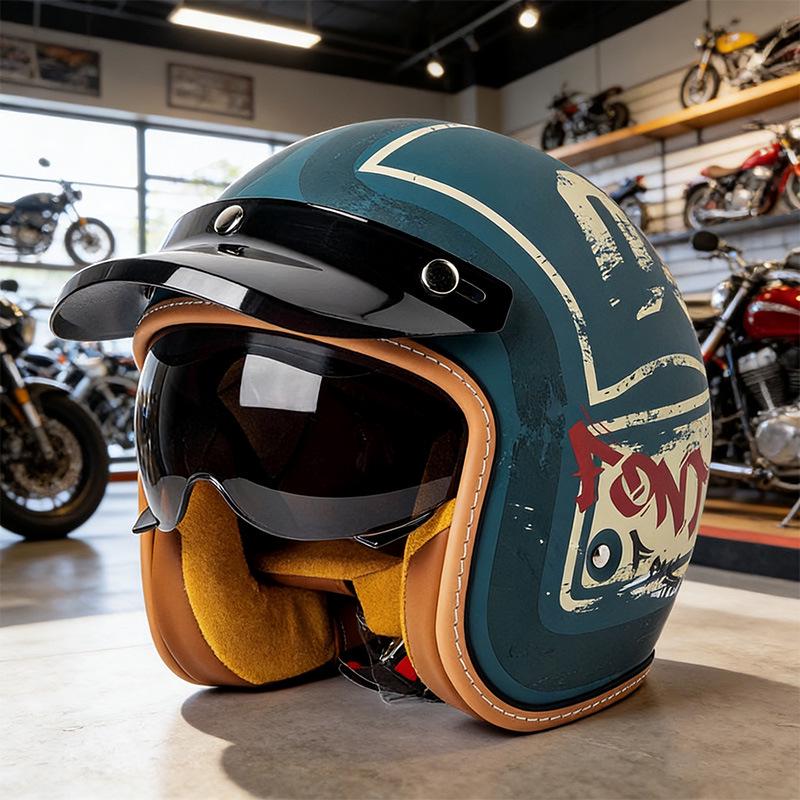 High-Quality Retro Motorcycle Half Helmet with Built-In Goggles for Men and Women