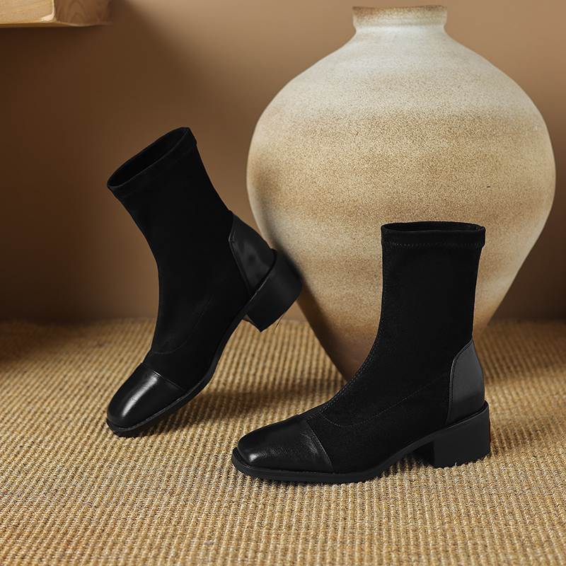 Krazing Pot Microfiber Flock Autumn Winter Shoes Thick Med Heels Size 43 Elastic Boots Stretch Patch Work Ankle Boots