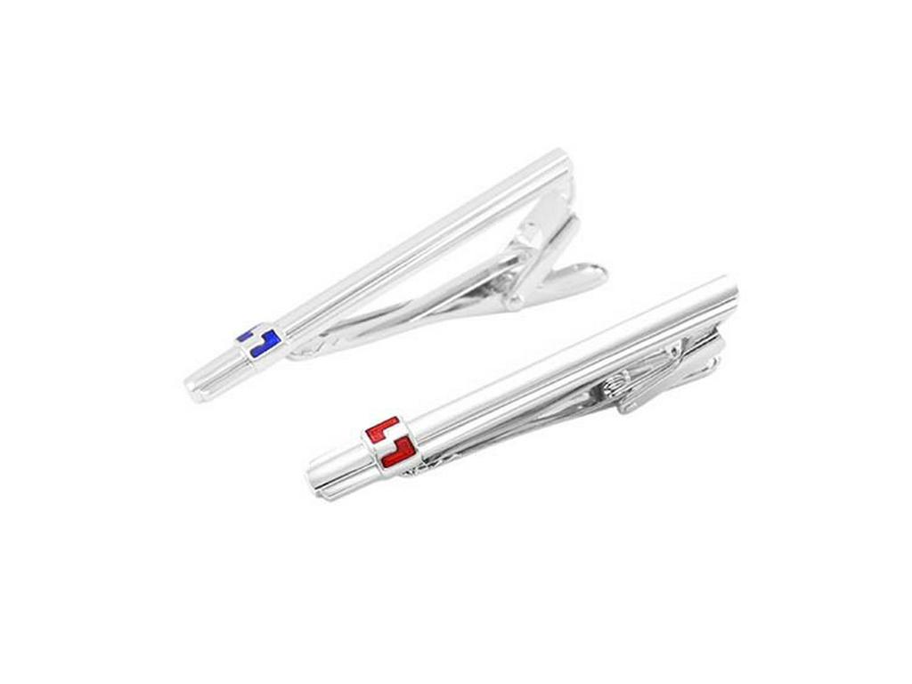 Savage Metal Minimalist Red & Blue Meander Tie Clip and Cufflinks Set