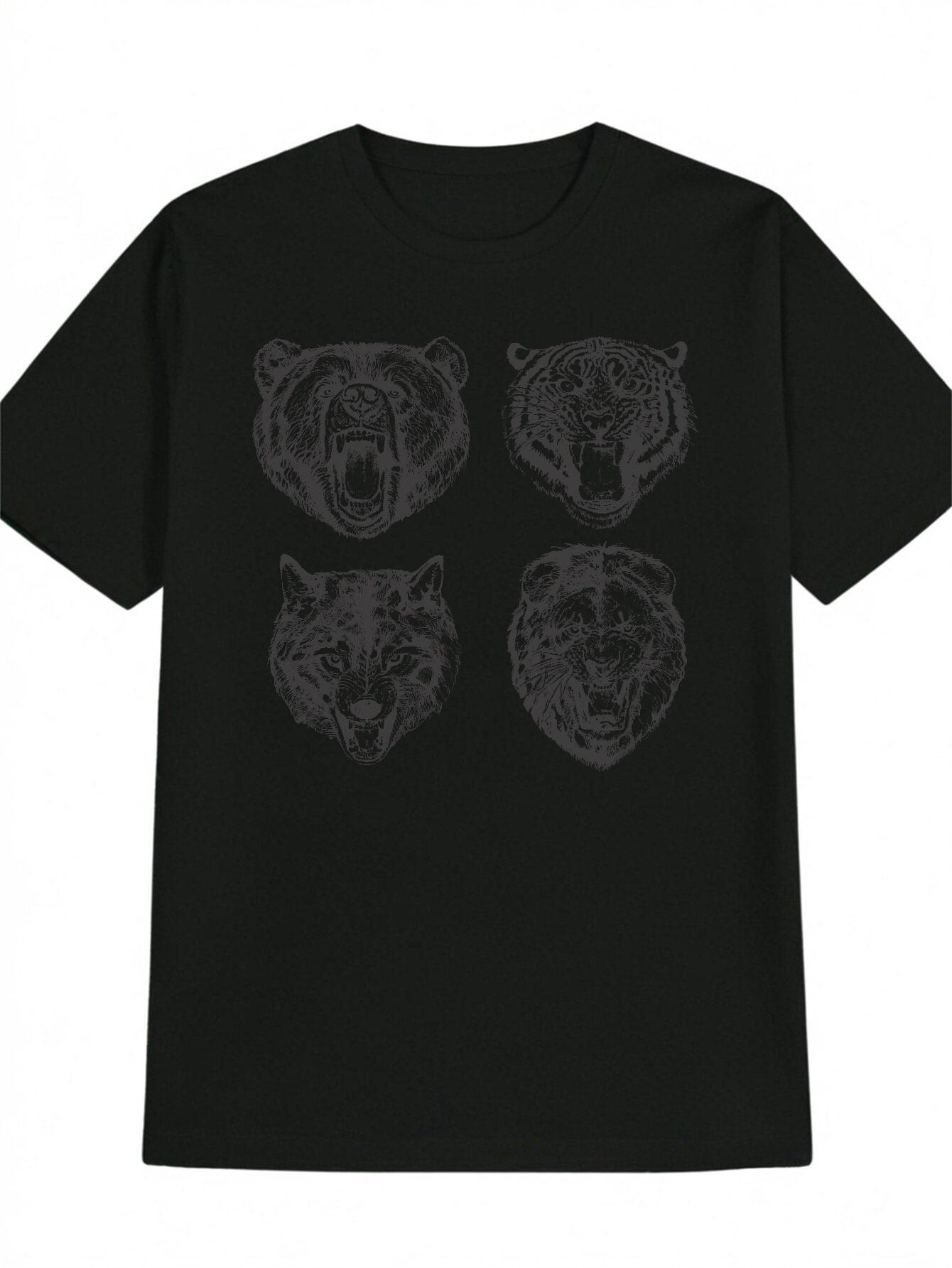 Casual Short Sleeve T-shirt with Rhombus Framed Triple Bear Head Print - Black & White Graphic Summer Top XL