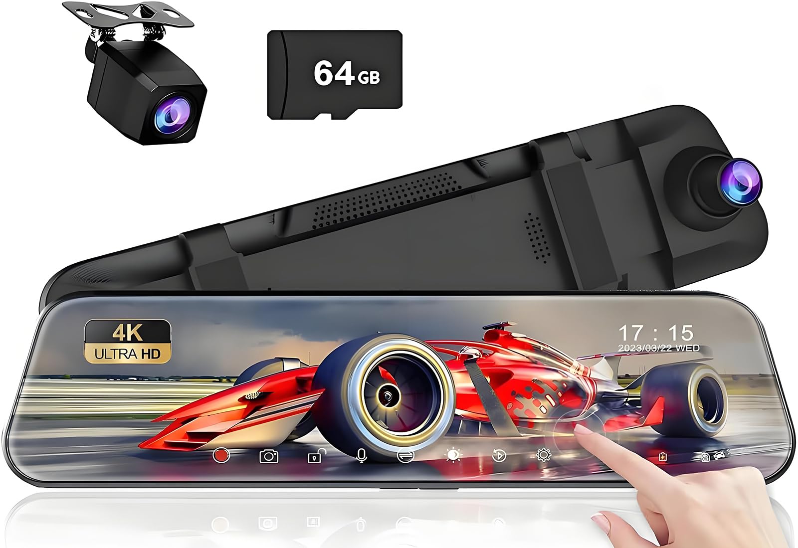 

Зеркало KQQ T33 Drive Mirror 4K High Definition IPS Touch Screen Телескопический привод Переднее и заднее зеркало Коррекция изображения Одновременная поддержка переднего и заднего вида