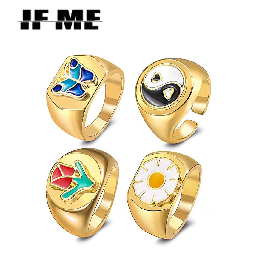 

IF ME Funky Big Hyperbole Gold Polish Y2K Decor Кольца с цветком розы и ромашки для женщин и девочек, кольцо на палец с капающим маслом, модные украшения, новинка 2021 года