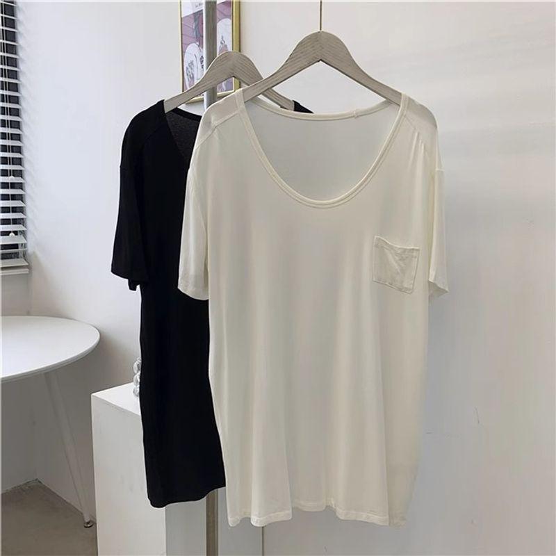 

European and American Style Loose Slim Looking U Collar Short Sleeve T-shirt Soft Drape Pocket Modal Women s Summer Bottoming Shirt Tops Tide White M
