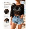 Damen Uni Fransen Cut-Out Durchsichtiges Überwurf-Boho Muschelsaum 3/4 Ärmel Strand Sarong für Urlaub Pool