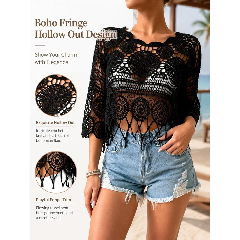 Damen Uni Fransen Cut-Out Durchsichtiges Überwurf-Boho Muschelsaum 3/4 Ärmel Strand Sarong für Urlaub Pool