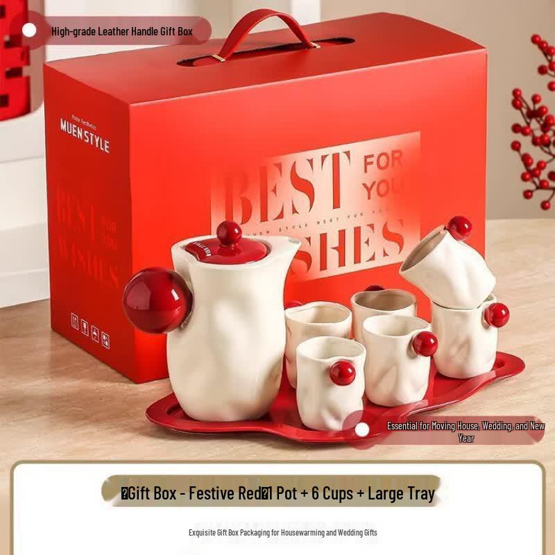 Heart-Shaped Ceramic Tea Set with Stone Tray