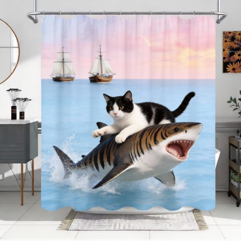 Unique Cat Riding Shark Shower Curtain - Waterproof, Mildew-Resistant With Ocean Adventure Design For A Quirky And Fun Bathroom