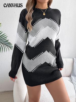 Autumn and Winter Women's Dress Casual Colorblocking Lantern Sleeve Sweater Dresses