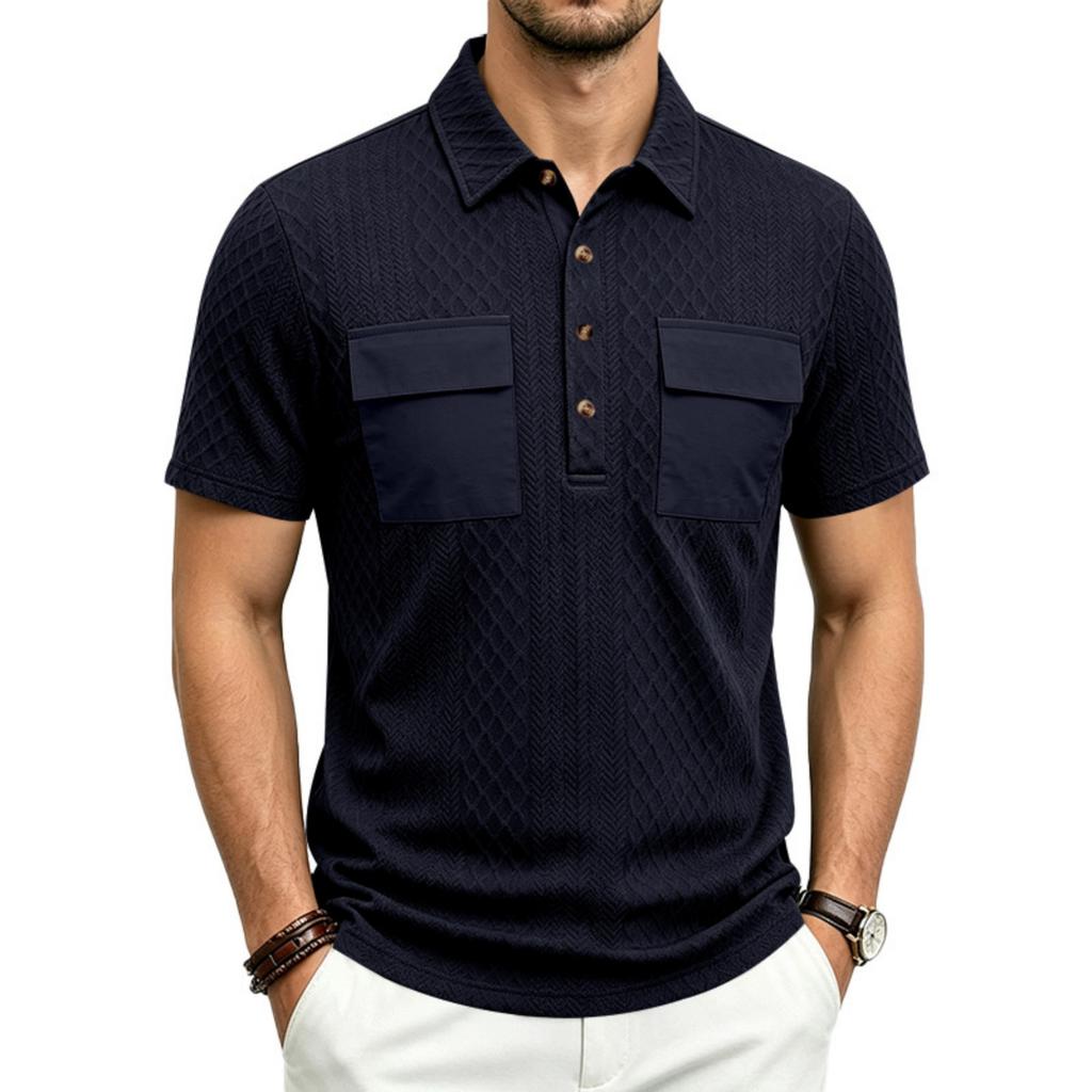 Men Heavyweight Loose Fit Jacquard Polo Shirt Workwear Multi Pocket Casual Short Sleeve Outdoor Shirt with Contrast Details