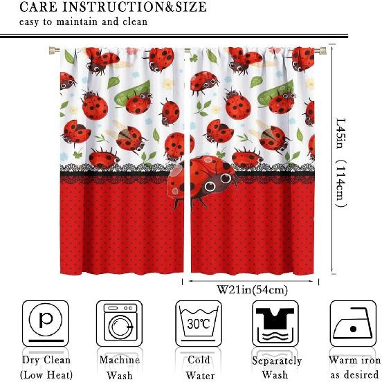 Niedliche Cartoon Tier Marienkäfer Vorhänge, Abstrakt Moderne Kunst Frühling Wald Grün Blatt Marienkäfer Fenster Vorhänge Wärmeisolierend Stangentasche Verdunkelung