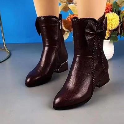 Schleife mittel Lederstiefel Damen 2025 Herbst und Winter neue Mode dicker Absatz Einzelstiefel vielseitige britische High Heel Martin Stiefel