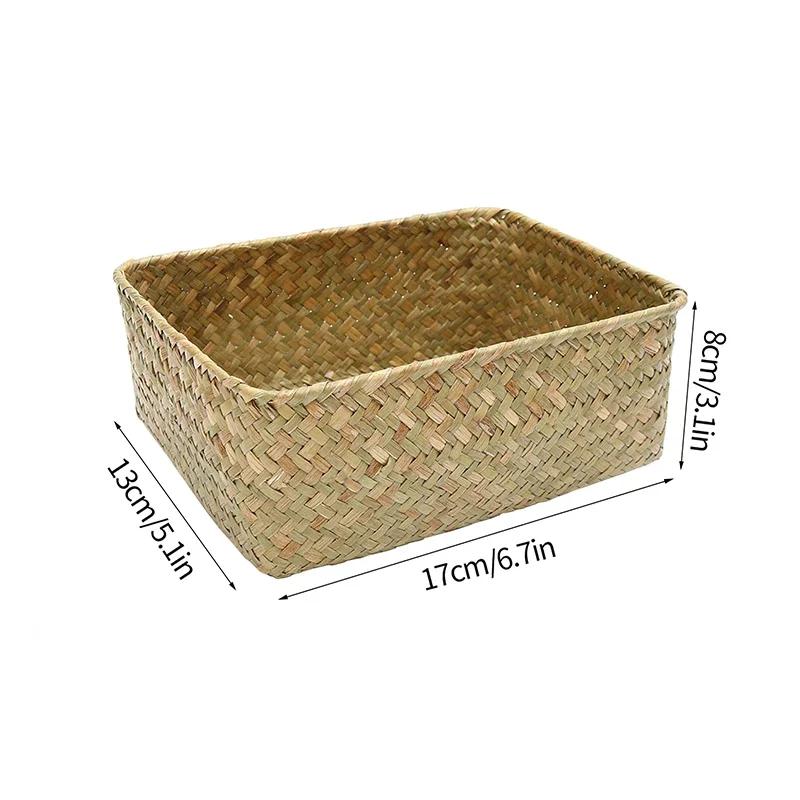 Handmade Woven Seagrass Storage Basket Desktop Straw Rattan Organzier Picnic Storage Box Desk Cosmetic Fruit Sundries Container