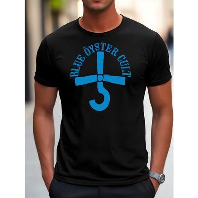 Black Casual Men's Plus Size Short Sleeve Tee - "BLUE ?YSTER CULT" Graphic , Comfortable Loose Fit, Perfect for Urban Outings, Ideal for Everyday Wear
