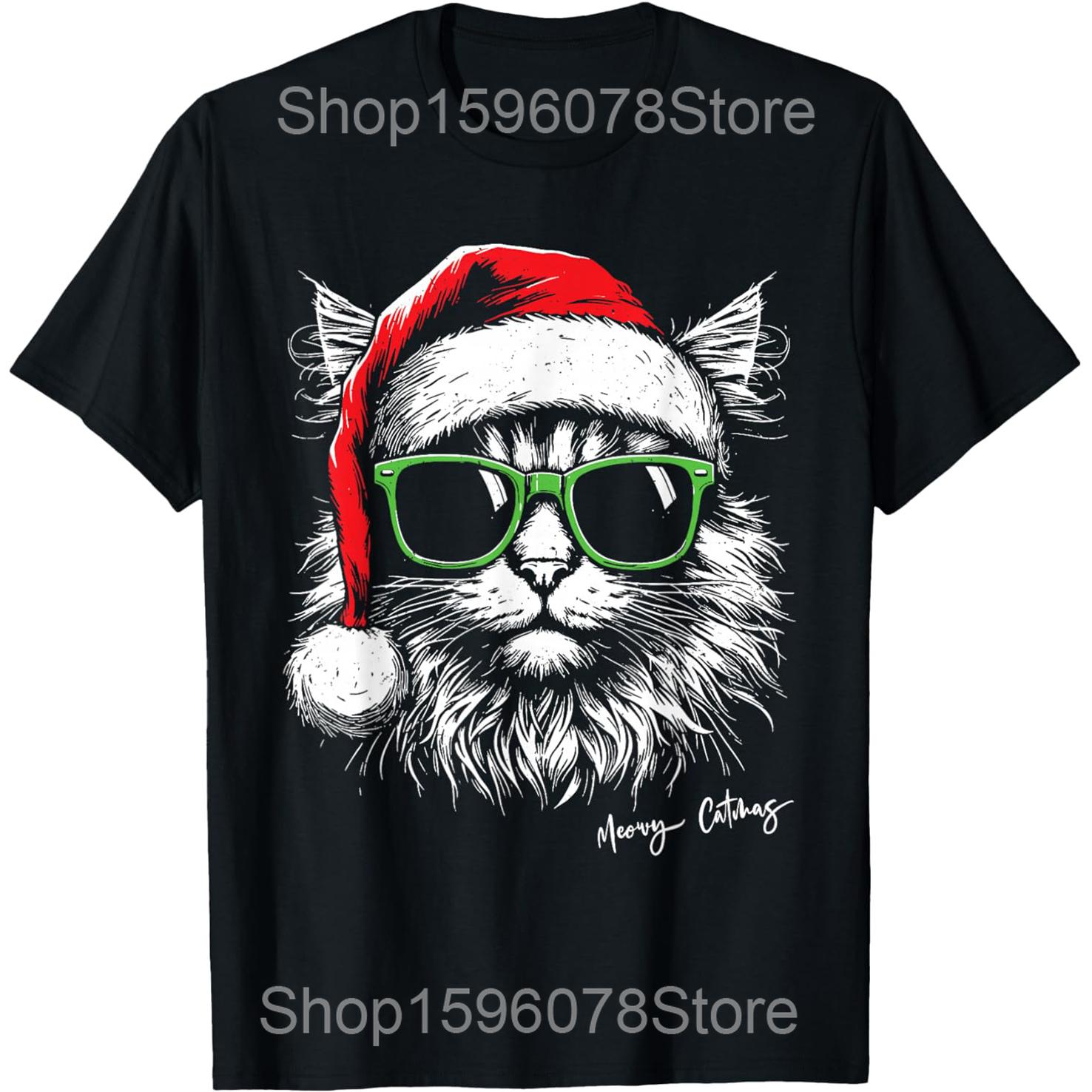 

Catmas Santa Hat Cute Cat Christmas Xmas T Shirts Men Pure Cotton Humor Streetwear Tee Shirt Short Sleeve Unisex Loose Clothing S