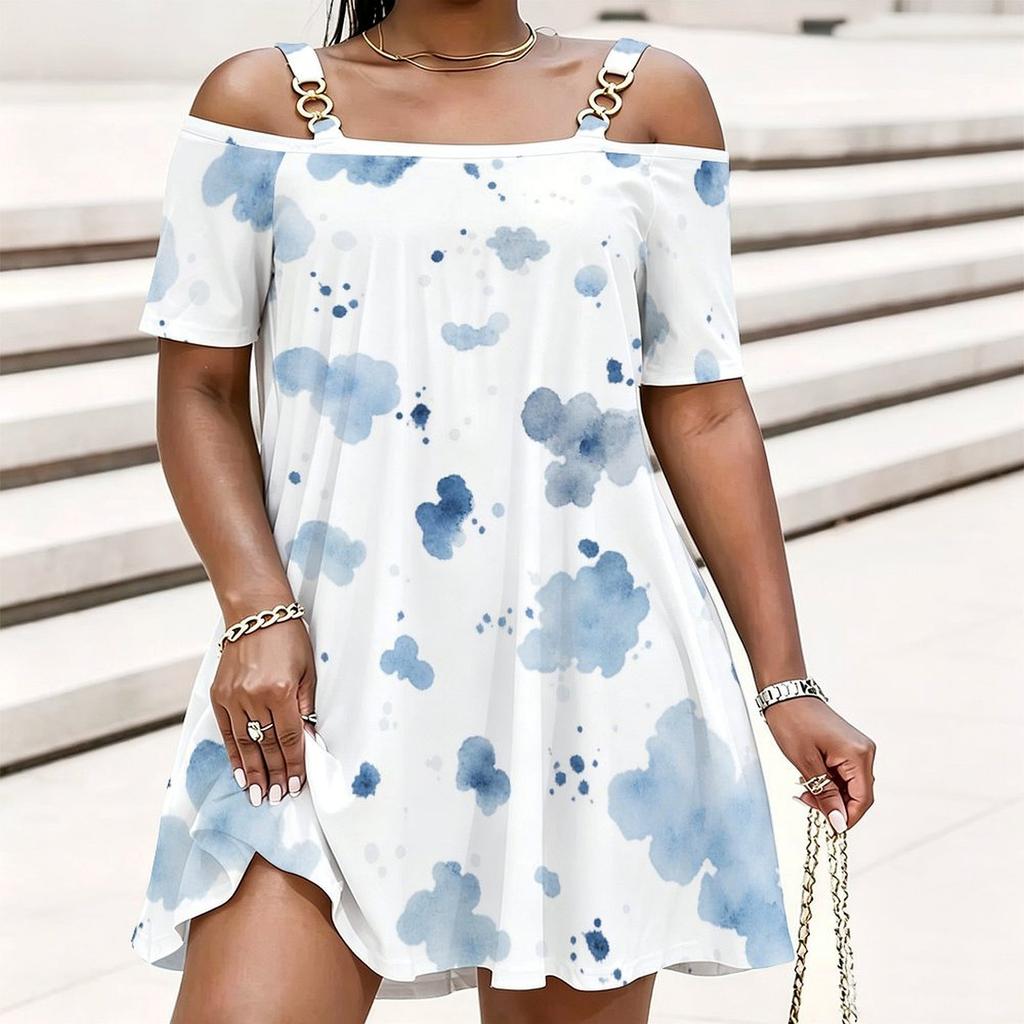 Women Plus Size Cold Shoulder Chain Strap Short Sleeve Printed Loose Casual Dress