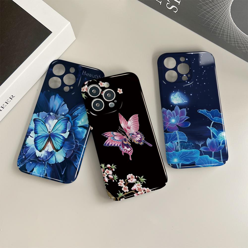 For iPhone 16 15 14 Samsung S23 A52 A33 A73 A53 Huawei Xiaomi Redmi OPPO Vivo Gradient Butterfly Floral Flower Full Lens Protect Hard Phone Case