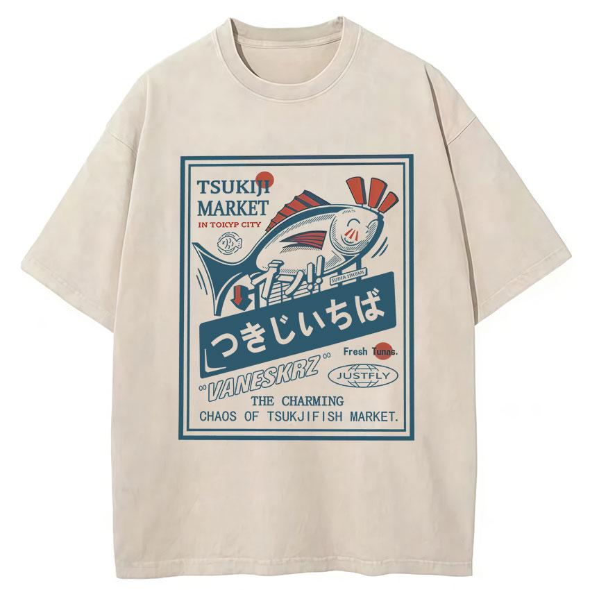 Japanese Funny Tuna Fish Tsukiji Market Vintage Washed T Shirt Unisex Women Summer Fashion Short Sleeve Tshirt Cotton TShirts S