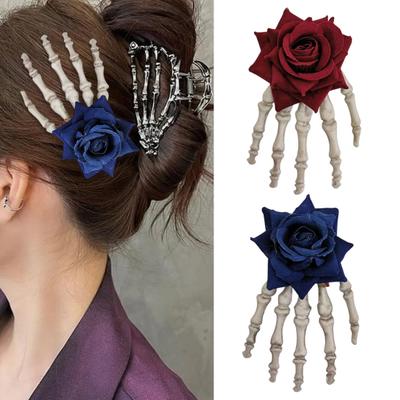 Skeleton Hand Hair Clip Gothic Barrette with Faux Roses Punk Style Hair