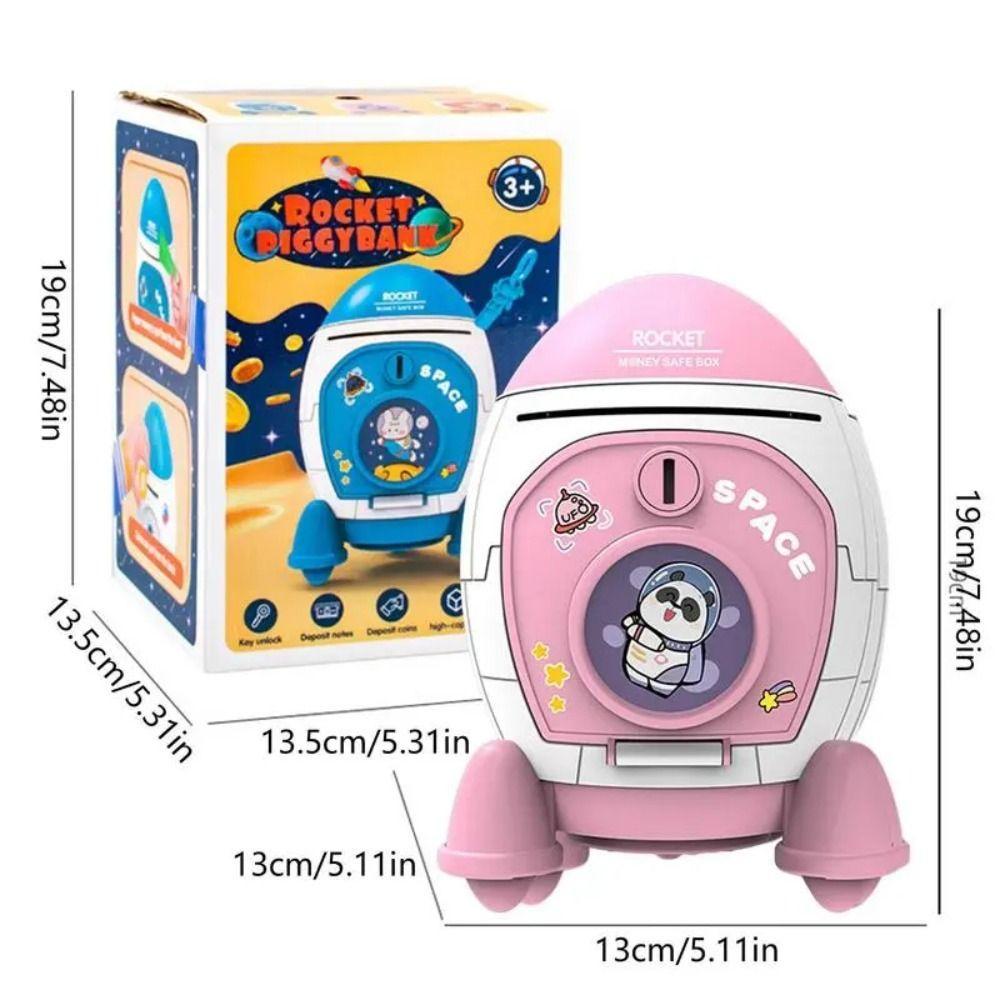 Rocket Piggy Bank with Key Switch Large Capacity Coin Money Box Cartoon Bunny Astronaut Pattern Stickers Birthday Gift for Kids