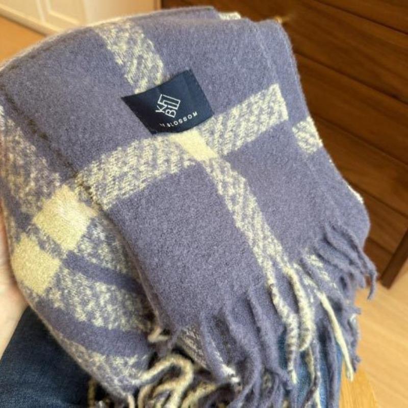 White Purple Plaid Imitation Cashmere Fringed Scarf Female Autumn and Winter Couple Warm Versatile Skin-friendly Scarf Tide