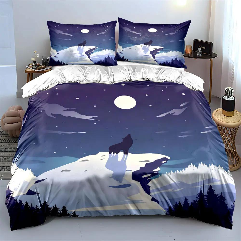 Wolf Moon Night Canvas Decor Soft Comfortable Duvet Cover Bedding Set Included 1*Duvet Cover & 2*Pillowcases Gift
