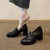 Retro Französische Runde Kopf Kamelie Le Fu Schuhe Hohe Absätze Lässig Einzelne Schuhe Damen Grobe Absätze Faules LederSchuhe Damen