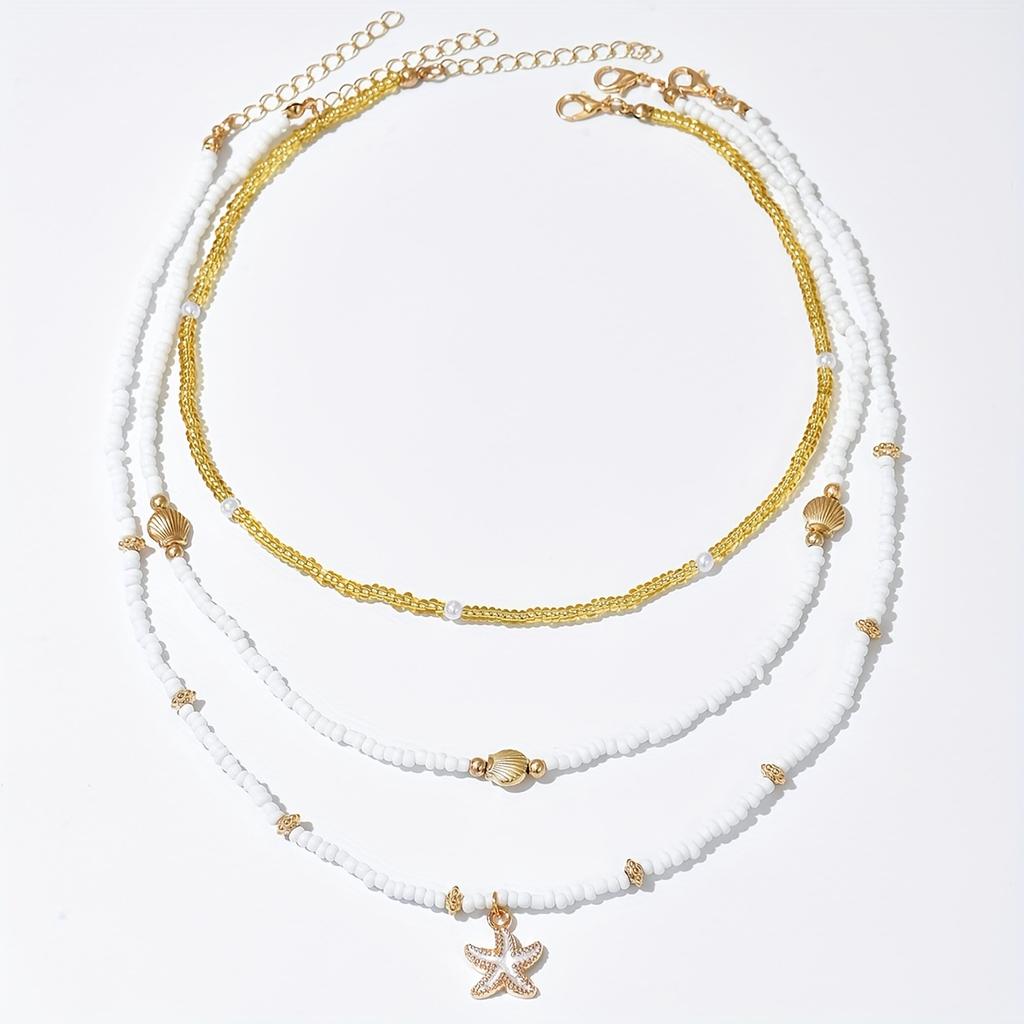 3 Pieces Women Fashion Choker Necklaces Shell Starfish Pendant Pearl Beads Golden Beads Minimalist Style Summer Beach Vacation Gift