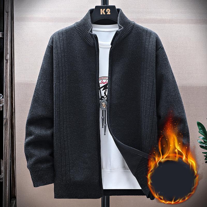 

Mens Winter Sweater Thick Fleece Warm Cardigan Sweaters Casual Stand Collar Full Zip Cardigans Zip Pockets Solid Outwear 2XL