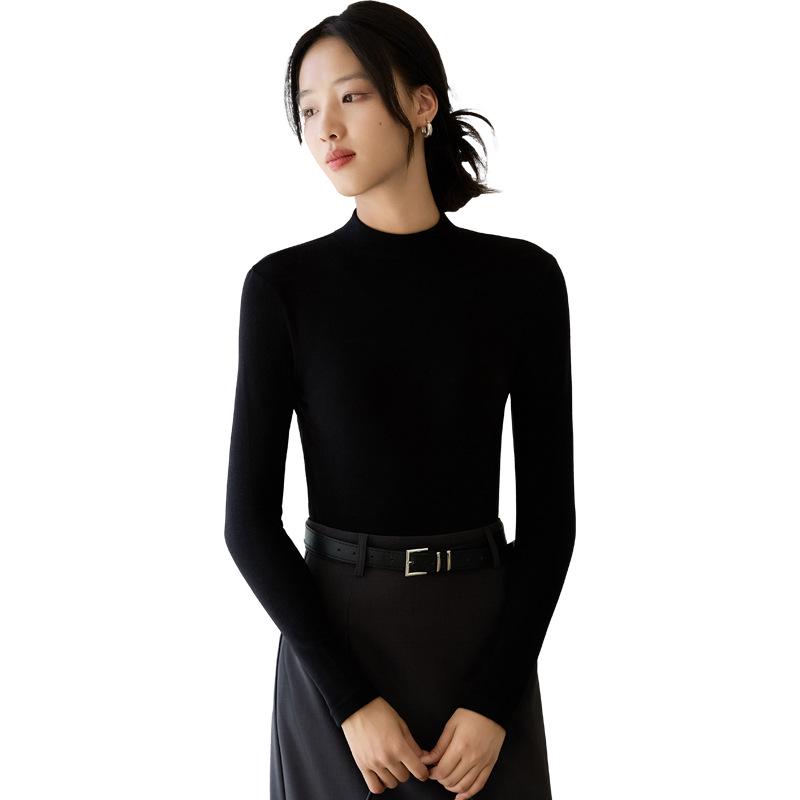 Women's Korean Style Wool Tencel Lyocell Base Layer Top with Semi-High Neck and Long Sleeves - Mia Biya Warm Underwear