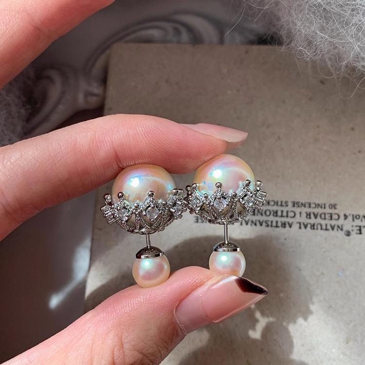 Unique Silver Diamond-encrusted Crown Pink Pearl Earrings Women's Light Luxury Niche Design Sense High-end Temperament Stud Earrings