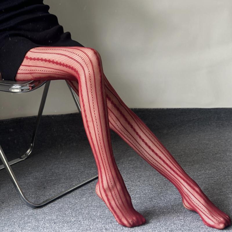 Sexy Striped Floret Fishnet Pantyhose For Female Women'S Red Brown Lace Tights Gothic Elastic Hollow Out Mesh Leggings Pants