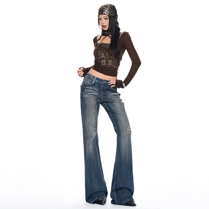American retro low-rise micro-pull jeans women's autumn new Spice Girl slim-fitting and thin horseshoe flared pants