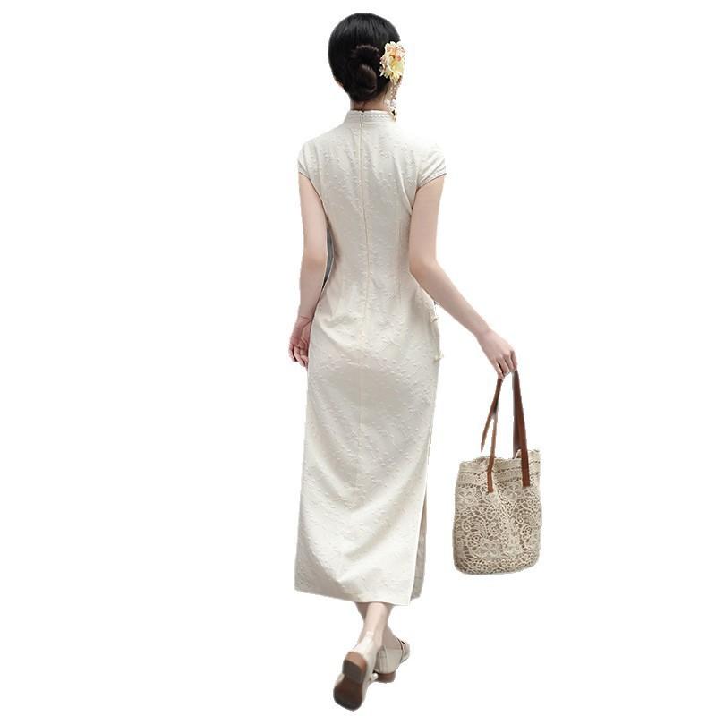 New Chinese-style White Cheongsam Women's 1011 New Ancient Stand-up Collar Lace Republic of China Style Temperament High-end Dress Summer