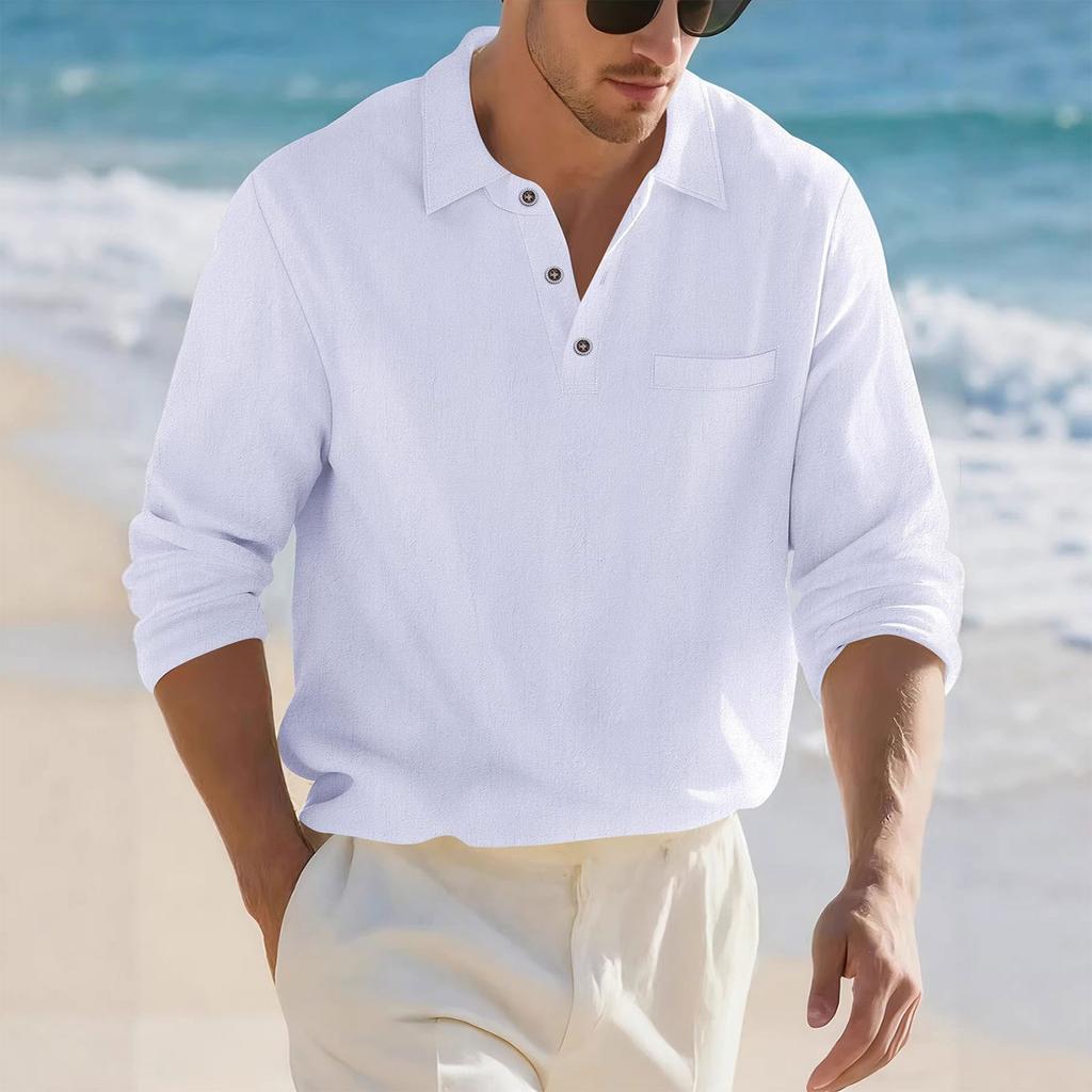 Camisa de Manga Larga para Hombre de Botones Sencillos con Cuello, Informal, Holgada, para Playa