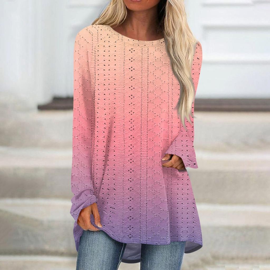 Damtoppar Rundhals Långärmad Blusar Lediga Mellånga Skjortor Mode Tryck Tunika Toppar