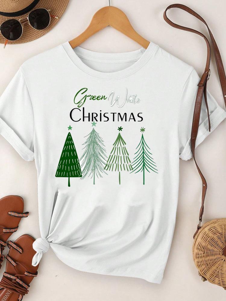 (Asian Size)  Merry Christmas Tee Top Festival New Year Holiday Casual Lovely Letter Cute 90s Women Print Lady Short Sleeve Fashion Graphic T-shirts