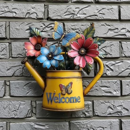 Garden Gifts for Gardening Lovers Rustic Metal Watering Can Wall Art, Flower Butterfly Welcome Sign, Farmhouse Pastoral Style Hanging Decor Iron Porch