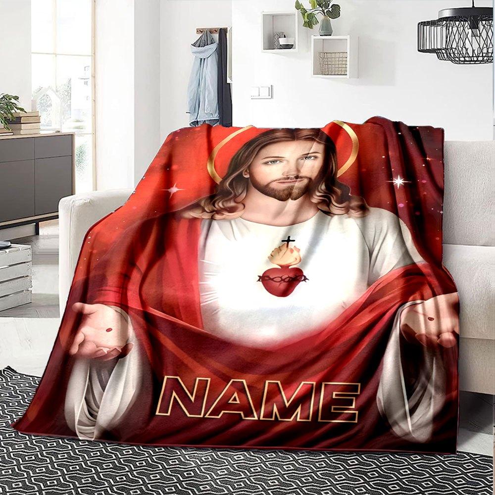 Jesus With Sacred Heart Home Customize Your Name Blankets Comfortable Soft Lightweight Versatile Blanket For All Seasons Perfect For Picnics Sofa