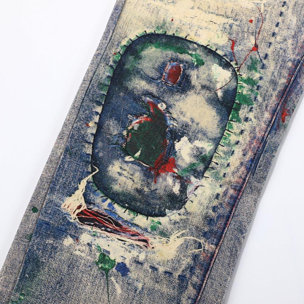 ZYLLO Herr Hög Street Oversized Hip Hop Jeans Byxor 3D-tryckta Vintage Denimbyxor Mode Streetwear Målade Raka Jeans